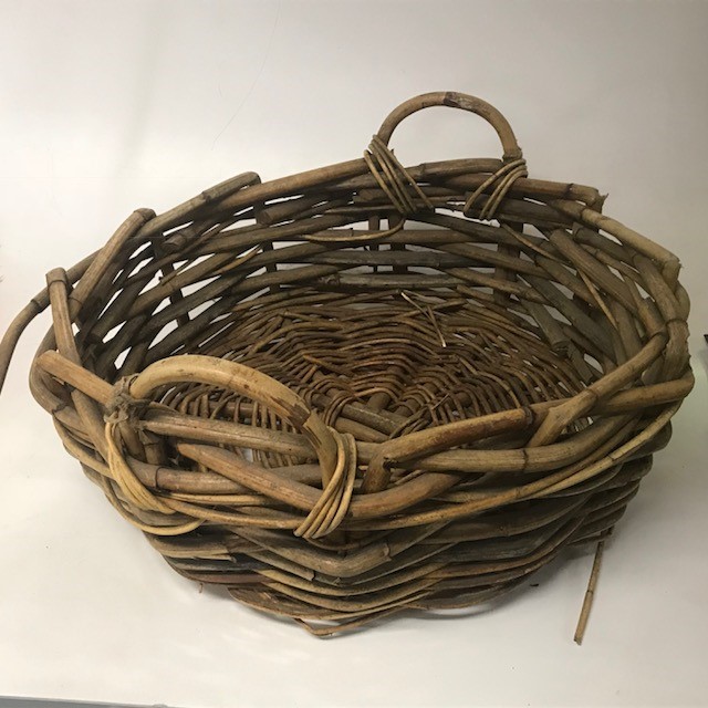 BASKET, Shallow Large Bamboo Wicker w Handles - 60cm Dia